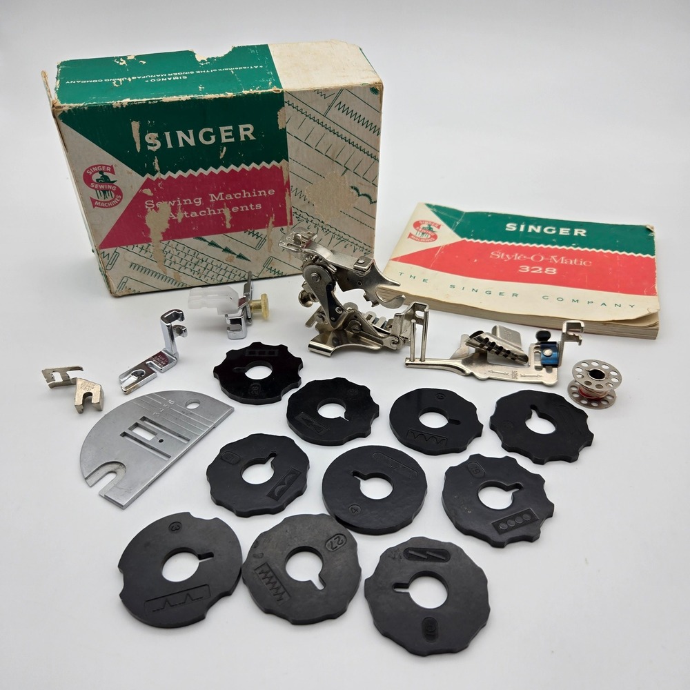 Singer Style-O-Matic 328 Sewing Machine Attachments Set Cams Feet Manual Box